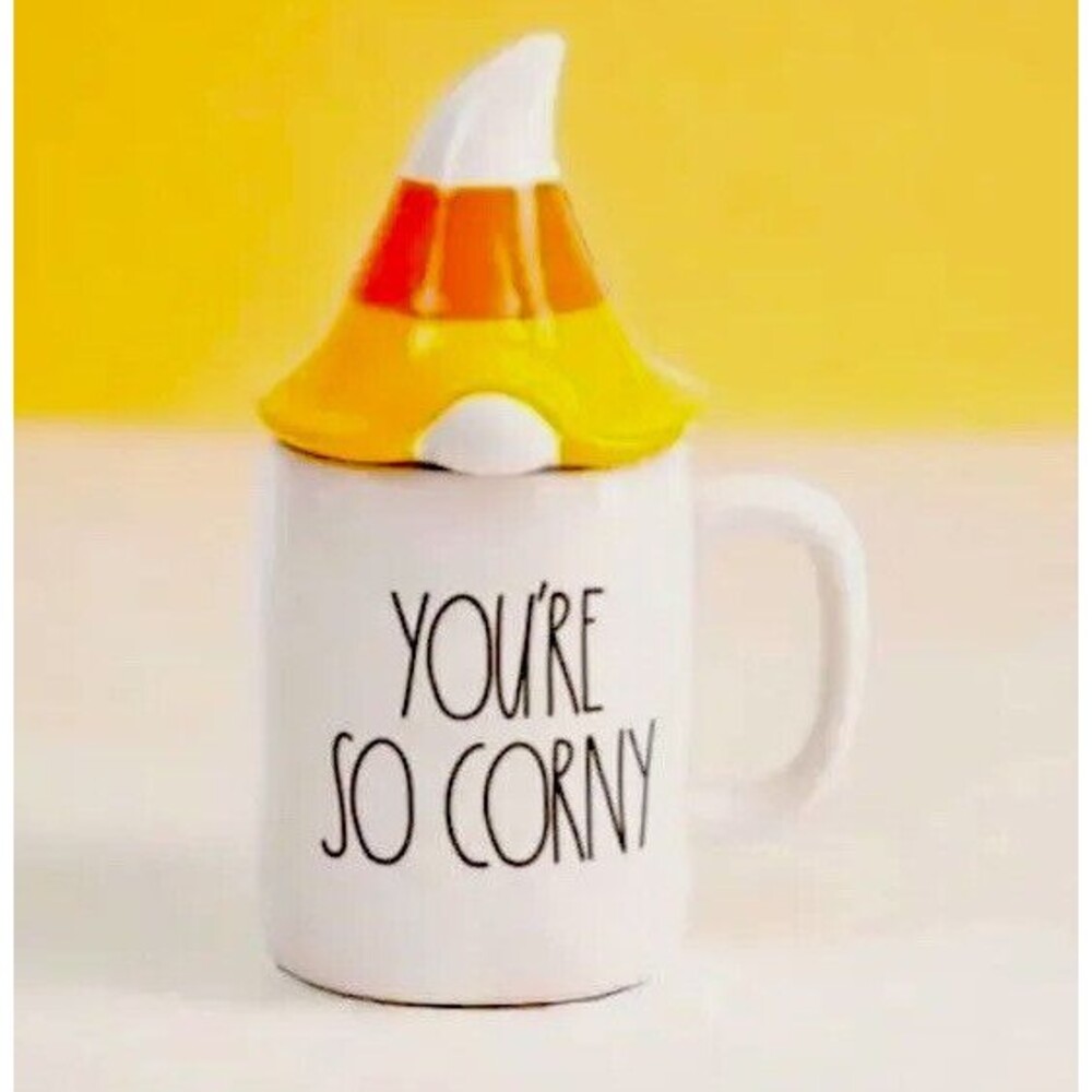 Rae Dunn YOU'RE SO CORNY Candy Corn Gnome Topper Ceramic Coffee 16 oz Mug New